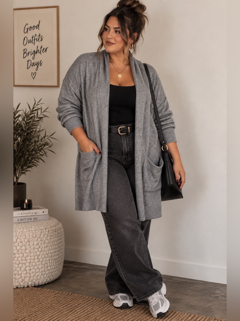 Crys Woman 1X Gray Longline Open Front Cardigan Sweater Pockets Lightweight